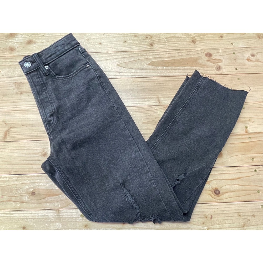 Wild Fable Super High-Rise‎ Slim Straight Jeans Black Distressed Raw Hem Size 2
